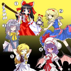 Rule 34 | 6+girls, ^ ^, alice margatroid, alphes (style), apron, arm up, arms behind head, ascot, bat wings, black hair, blonde hair, blouse, blue dress, blue eyes, blue hair, boots, bow, braid, buttons, capelet, closed eyes, cross-laced footwear, curiosities of lotus asia, detached sleeves, dress, female focus, foreshortening, frills, gohei, gradient background, grey hair, hair bow, hair ribbon, hair tubes, hairband, hakurei reimu, hands on own face, hat, hat bow, high collar, izayoi sakuya, japanese clothes, kaoru (gensou yuugen-an), kirisame marisa, knee boots, light purple hair, light smile, long hair, long sleeves, looking at viewer, looking away, maid, maid apron, maid headdress, miko, multiple girls, no headwear, open mouth, outstretched arm, parody, puffy sleeves, red eyes, remilia scarlet, ribbon, sash, shanghai doll, shirt, short hair, short sleeves, single braid, skirt, smile, string, style parody, sweatdrop, touhou, twin braids, v arms, vest, wide sleeves, wings, yellow eyes