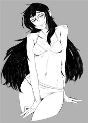 Rule 34 | 1girl, armpit crease, blush, bra, closed mouth, collarbone, contrapposto, freckles, highres, linea alba, long hair, looking to the side, monochrome, navel, original, panties, smile, solo, sugarspot jr., underwear