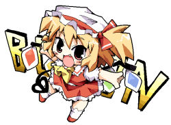 Rule 34 | 1girl, :d, ascot, blonde hair, chibi, collar, demon wings, dress, female focus, flandre scarlet, frills, hat, herada mitsuru, kneehighs, mob cap, open mouth, outstretched arms, puffy short sleeves, puffy sleeves, red dress, short sleeves, side ponytail, simple background, smile, socks, solo, touhou, white background, white socks, wings