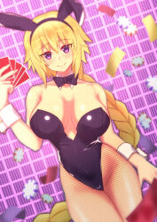 Rule 34 | 1girl, blonde hair, bow, bowtie, breasts, card, cleavage, cuff links, fate/apocrypha, fate/grand order, fate (series), fishnets, highres, jeanne d&#039;arc (fate), jeanne d&#039;arc (ruler) (fate), large breasts, leotard, lips, playboy bunny, playing card, poker chip, purple background, purple eyes, rabbit ears, solo, thighs