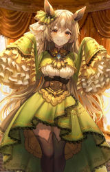 Rule 34 | 1girl, absurdres, animal ears, ascot, black thighhighs, bow, brown eyes, brown hair, commentary request, corset, cropped jacket, ear ribbon, feet out of frame, frilled sleeves, frills, green jacket, green skirt, grin, hair between eyes, hands up, highres, horse ears, horse girl, jacket, lace, lace-trimmed skirt, lace trim, light particles, long hair, looking at viewer, mirage (rairudiseu), satono diamond (umamusume), shirt, skirt, sleeves past fingers, sleeves past wrists, smile, solo, standing, thighhighs, umamusume, very long hair, white shirt