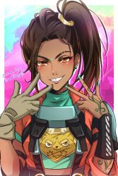 Rule 34 | 1girl, absurdres, animification, apex legends, arm tattoo, brown gloves, brown hair, double v, earrings, eyeshadow, facial mark, forehead mark, gloves, green nails, green shirt, hair behind ear, head tilt, highres, jewelry, jumpsuit, kiraki, looking at viewer, makeup, multicolored hair, nail polish, orange jumpsuit, rampart (apex legends), red eyeshadow, red hair, shirt, side ponytail, single glove, smile, solo, streaked hair, tattoo, tooth gap, v