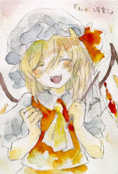 Rule 34 | 1girl, ascot, blonde hair, blush, closed mouth, crystal, flandre scarlet, hat, hat ribbon, highres, holding, ikeda ruriko, mob cap, open mouth, painting (medium), red ribbon, red vest, ribbon, shirt, short sleeves, smile, solo, teeth, touhou, traditional media, upper body, vest, watercolor (medium), white hat, white shirt, wings, yellow ascot