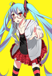 Rule 34 | 1girl, ahoge, aqua hair, bad id, bad pixiv id, bespectacled, extpil, glasses, hatsune miku, hood, hoodie, kocchi muite baby (vocaloid), long hair, mota (extpil), plaid, plaid skirt, project diva, project diva (series), project diva 2nd, red eyes, skirt, solo, striped clothes, striped thighhighs, thighhighs, twintails, very long hair, vocaloid, zettai ryouiki