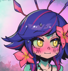 Rule 34 | 1girl, :i, blue hair, blush, collarbone, colored skin, commentary, flower, green skin, hair flower, hair ornament, league of legends, medium hair, multicolored hair, neeko (league of legends), outdoors, phantom ix row, pink flower, plant, red hair, solo, sweat, symbol-only commentary, two-tone hair, yellow eyes
