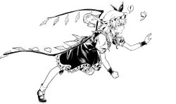 Rule 34 | !, 1girl, ascot, bug, butterfly, crystal, e (you33ou), flandre scarlet, frilled bracelet, frilled shirt collar, frilled skirt, frills, hat, hat ribbon, highres, insect, medium hair, mob cap, monochrome, one side up, open mouth, puffy short sleeves, puffy sleeves, ribbon, running, shirt, short sleeves, simple background, skirt, solo, spoken exclamation mark, touhou, vest, white background, wings
