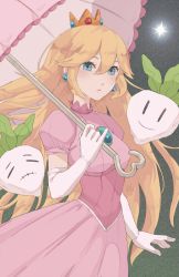 Rule 34 | 1girl, =), arm at side, blonde hair, blue eyes, brooch, closed mouth, crown, dress, earrings, elbow gloves, closed eyes, gloves, hair between eyes, hand up, holding, holding umbrella, jewelry, long hair, mario (series), nintendo, pink dress, pinky out, princess peach, puffy short sleeves, puffy sleeves, risorins, short sleeves, smile, solo focus, star (sky), umbrella, upper body, very long hair, | |