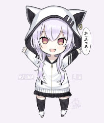 Rule 34 | 1girl, :d, animal ears, animal hood, azuma lim, azuma lim channel, bad id, bad pixiv id, black skirt, black thighhighs, brown eyes, capriccio, cat ears, cat hood, character name, chibi, commentary request, dated, ear piercing, fake animal ears, full body, grey background, hair between eyes, hands up, hood, hood up, hooded jacket, jacket, long hair, long sleeves, looking at viewer, open mouth, piercing, pleated skirt, purple hair, signature, simple background, skirt, sleeves past wrists, smile, solo, standing, thighhighs, virtual youtuber, white footwear, white jacket