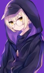 1girl animal_print black_hoodie black_shirt blonde_hair cat_hoodie_girl_(tsubaki_tsubara) cat_print expressionless glasses hair_ornament hat hood hoodie original purple_background round_eyewear shirt short_hair signature tsubaki_tsubaru yellow_eyes zipper