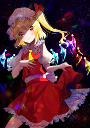 Rule 34 | 1girl, absurdres, ascot, blonde hair, breasts, closed mouth, collared shirt, cowboy shot, crystal, dark background, flandre scarlet, frilled shirt collar, frills, glowing, glowing wings, hat, hat ribbon, head tilt, highres, light smile, looking at viewer, medium hair, mob cap, multicolored wings, nettian51, one side up, puffy short sleeves, puffy sleeves, red eyes, red ribbon, red skirt, red vest, ribbon, ribbon-trimmed headwear, ribbon trim, shirt, short sleeves, simple background, skirt, skirt hold, small breasts, solo, touhou, vest, white hat, white shirt, wings, yellow ascot