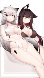 Rule 34 | 2girls, absurdres, ahoge, animal ear fluff, animal ears, arknights, bare arms, bare legs, bare shoulders, bikini, black bikini, black hair, breasts, brown eyes, cleavage, closed mouth, commentary, dated commentary, feet out of frame, grey eyes, hair between eyes, hair ornament, hairpin, halterneck, highres, lappland (arknights), large breasts, long hair, looking at another, looking away, material growth, multiple girls, open mouth, oripathy lesion (arknights), samip, scar, scar across eye, scar on face, sideways glance, silver hair, simple background, smile, stomach, swimsuit, texas (arknights), very long hair, white background, white bikini, wolf ears