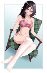 Rule 34 | 1girl, absurdres, ass, bare shoulders, black hair, blue eyes, blush, bow, bra, breasts, cleavage, couch, framed, framed image, glasses, hair between eyes, hair bow, hibike! euphonium, highres, kaije7, lace, lace-trimmed bra, lace trim, long hair, looking at viewer, medium breasts, outside border, panties, seat, see-through, side-tie panties, signature, simple background, sitting, smile, solo, tanaka asuka, thighhighs, thighs, tight clothes, underwear, white thighhighs