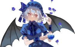 Rule 34 | 1girl, alternate color, alternate hair color, bat wings, blue dress, cup, dress, hat, highres, holding, holding cup, md5 mismatch, mob cap, nanasuou, red eyes, remilia scarlet, touhou, wings, wrist cuffs
