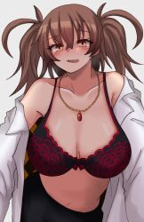 Rule 34 | 1girl, artist request, blush, bra, breasts, brown hair, collar, dr. arach, highres, large breasts, long hair, looking at viewer, navel, smile, tongue, tongue out, tsukihime, tsukihime (remake), underwear, white background