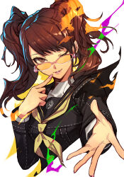 Rule 34 | 1girl, brown hair, earrings, finger to mouth, glasses, hungry clicker, jewelry, kujikawa rise, nail polish, one eye closed, outstretched hand, parted lips, persona, persona 4, school uniform, smile, solo, twintails, upper body, white background, yasogami school uniform