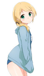 Rule 34 | 1girl, absurdres, aged down, bad id, bad pixiv id, blonde hair, blush, cardigan, cowboy shot, ellen baker, eyebrows, from side, green eyes, hair ornament, hair over shoulder, hand in pocket, hands in pockets, highres, hood, hoodie, jacket, jacket over swimsuit, long hair, looking at viewer, looking to the side, md5 mismatch, name tag, new horizon, ponytail, school swimsuit, shiso azuki, simple background, skindentation, solo, standing, swimsuit, swimsuit under clothes, tareme, white background