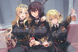 Rule 34 | 3girls, alcohol, alternate costume, arm up, artist name, black bow, black jacket, black necktie, black pants, blonde hair, blue eyes, blush, bow, braid, breasts, brown hair, buttons, closed mouth, collared shirt, colorado (kancolle), commentary request, couch, cup, double-breasted, epaulettes, headgear, highres, himeyamato, holding, holding cup, jacket, kantai collection, large breasts, long hair, medal, military uniform, mixed-language commentary, multiple girls, nagato (kancolle), necktie, nelson (kancolle), pants, red hair, shirt, short hair, smile, teeth, uniform, upper teeth only, whiskey, white shirt