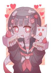 Rule 34 | 1girl, :d, black cardigan, blunt bangs, blush, border, bright pupils, cake, cardigan, cathead, collarbone, commentary, drooling, food, food-themed hair ornament, food on face, fruit, furrowed brow, ghost, hair ornament, heart, heart-shaped pupils, highres, holding, holding cake, holding food, holding fruit, looking at food, looking to the side, mouth drool, multicolored background, neckerchief, no nose, nose blush, omochi noa, open mouth, original, pink nails, red background, red eyes, red neckerchief, red theme, school uniform, serafuku, short hair, signature, simple background, smile, solid oval eyes, strawberry, strawberry hair ornament, strawberry shortcake, striped, striped background, symbol-only commentary, symbol-shaped pupils, uniform, upper body, white border, white pupils, x hair ornament