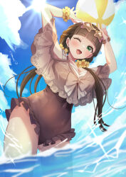 Rule 34 | 1girl, absurdres, ball, beachball, birthday, blue sky, blush, breasts, brown hair, cloud, cloudy sky, commentary, eyewear on head, green eyes, highres, large breasts, long hair, looking at viewer, love live!, love live! superstar!!, low twintails, one eye closed, pukonuu, sakurakoji kinako, signature, sky, smile, solo, star-shaped eyewear, star (symbol), sunglasses, sunlight, thick thighs, thighs, twintails, water