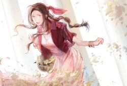 15506450035 1girl absurdres aerith_gainsborough bangle basket bracelet braid braided_ponytail brown_hair cropped_jacket dress falling_petals final_fantasy final_fantasy_vii final_fantasy_vii_remake flower_basket hair_ribbon highres holding holding_basket jacket jewelry long_dress long_hair open_mouth parted_bangs petals photoshop_(medium) pillar pink_dress pink_ribbon red_jacket ribbon short_sleeves sidelocks single_braid smile solo