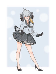 Rule 34 | 10s, 1girl, absurdres, adapted costume, bird tail, black gloves, black hair, blonde hair, bow, commentary request, full body, gloves, gradient hair, grey hair, grey shirt, grey skirt, hair bow, high heels, highres, kemono friends, large bow, legs, legs apart, long hair, long sleeves, looking at viewer, low ponytail, multicolored hair, parted lips, petticoat, shirt, shoebill (kemono friends), skirt, smile, solo, suzushiro (suzushiro333), tail