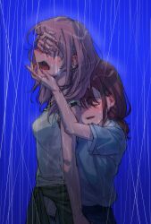 Rule 34 | 2girls, blue shirt, clothes around waist, commentary, covering another&#039;s eyes, crying, earclip, emberlight76, girls band cry, grey hair, grey shirt, hand on another&#039;s face, hashtag-only commentary, highres, iseri nina, jacket, jacket around waist, kawaragi momoka, long hair, multiple girls, open mouth, outdoors, parted lips, rain, shirt, short sleeves, sobbing, tears, upper body, wet, wet clothes, wet hair