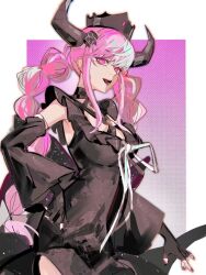 Rule 34 | 1girl, binxngchng1, black dress, black flower, black gloves, black horns, black nails, braid, breasts, cleavage, criss-cross halter, crown, demon horns, detached sleeves, dress, fingerless gloves, flower, gloves, hair ornament, halterneck, hand on own hip, highres, horns, large breasts, long hair, looking at viewer, master detective archives: rain code, multicolored hair, nail polish, open mouth, pink eyes, pink hair, ribbon, shinigami (rain code), smile, solo, twin braids, two-tone hair, very long hair, white ribbon