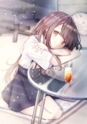 Rule 34 | 1girl, blue skirt, blurry, blurry background, brown eyes, brown hair, cat-shaped pillow, chair, closed mouth, commentary request, cup, depth of field, dress shirt, drink, drinking glass, glass table, head rest, head tilt, highres, ice, ice cube, indoors, long hair, nishina kakeri, no shoes, office chair, original, sailor collar, school uniform, serafuku, shirt, short sleeves, sitting, skirt, smile, socks, solo, suspender skirt, suspenders, swivel chair, table, very long hair, wariza, white sailor collar, white shirt, white socks