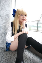 Rule 34 | 1girl, asian, black thighhighs, blonde hair, blue eyes, blue ribbon, blurry, bow, breasts, character request, color contacts, cosplay, depth of field, dress shirt, hair bow, head rest, highres, indoors, looking away, miniskirt, namada, necktie, on floor, photo (medium), plaid, plaid skirt, pleated skirt, ribbon, rug, school uniform, shirt, sitting, skirt, small breasts, solo, sweater vest, thighhighs, white shirt, window, zettai ryouiki