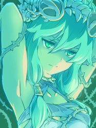 Rule 34 | 1girl, aqua theme, armpits, arms up, breasts, ceres (p&amp;d), choker, cleavage, collarbone, green background, green eyes, green hair, hair tubes, ishiyumi, long hair, matching hair/eyes, plant, puzzle &amp; dragons, solo, spikes, thorns, tiara, upper body, vines