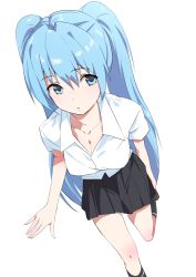 Rule 34 | 1girl, absurdres, adjusting clothes, adjusting shoe, aqua eyes, aqua hair, bad id, bad twitter id, breasts, cleavage, domo1220, hatsune miku, highres, long hair, looking to the side, pleated skirt, school uniform, skirt, solo, standing, standing on one leg, twintails, very long hair, vocaloid, white background