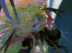 Rule 34 | 1girl, abstract, athgil, bat wings, black jacket, blonde hair, blood, blood on face, blood on clothes, blue flower, earrings, english text, flower, grass, half-closed eyes, highres, jacket, jewelry, long hair, orange flower, original, parted lips, pink flower, pink legwear, pointy ears, purple flower, red flower, single earring, skirt, solo, tail, vampire, very long hair, wings, yellow flower
