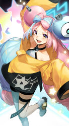 Rule 34 | 1girl, absurdres, bow-shaped hair, character hair ornament, creatures (company), game freak, grey footwear, grey pantyhose, hair ornament, hakou (barasensou), hexagon print, highres, iono (pokemon), jacket, long hair, low-tied long hair, multicolored hair, nintendo, oversized clothes, pantyhose, pink eyes, pink hair, pokemon, pokemon sv, sharp teeth, shirt, single leg pantyhose, sleeveless, sleeveless shirt, sleeves past fingers, sleeves past wrists, solo, teeth, twintails, two-tone hair, very long hair, yellow jacket