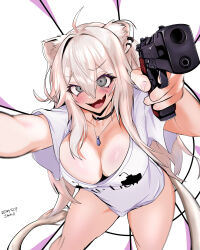 Rule 34 | 1girl, animal ears, artist request, blush, breasts, crazy, fang, grey eyes, gun, hanging breasts, holding, holding weapon, hololive, jewelry, large breasts, long hair, necklace, open mouth, pov, shirt, shishiro botan, smile, t-shirt, virtual youtuber, weapon, white background, white shirt, yandere trance