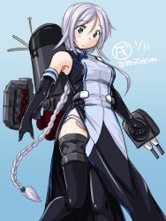 Rule 34 | 1girl, adapted costume, black thighhighs, blue background, braid, cannon, china dress, chinese clothes, dated, dress, elbow gloves, feet out of frame, full body, gloves, green eyes, kantai collection, long hair, looking down, machinery, panties, rigging, silver hair, simple background, single braid, smokestack, solo, tatsumi ray, thighhighs, torpedo, torpedo tubes, turret, twitter username, umikaze (kancolle), underwear, very long hair, white panties
