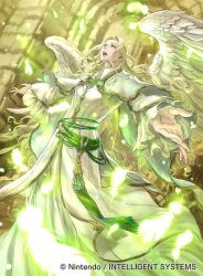 Rule 34 | 1boy, belt, blonde hair, capelet, company name, curly hair, feathered wings, feathers, fire emblem, fire emblem: radiant dawn, fire emblem cipher, green eyes, long hair, male focus, nintendo, official art, open mouth, pointy ears, rafiel, solo, suzuki rika, teeth, wings