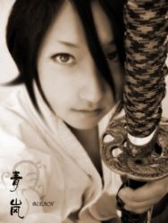 Rule 34 | asian, bleach, cosplay, cosplay photo, hair between eyes, katana, kuchiki rukia, lowres, monochrome, photo (medium), solo, sword, weapon