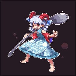 Rule 34 | 1girl, barefoot, black background, blue dress, curly hair, dress, earrings, eye print, full body, grin, holding, holding spork, horn ornament, horn ribbon, horns, jewelry, kumamoto (bbtonhk2), looking at viewer, lowres, meandros, oversized object, patterned clothing, pixel art, pointy ears, red eyes, red horns, red sleeves, ribbon, sharp teeth, sheep horns, short hair, simple background, smile, solo, spork, standing, star (symbol), teeth, touhou, toutetsu yuuma, utensil, white hair, wide sleeves