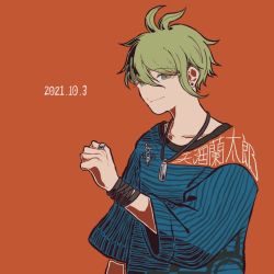 Rule 34 | 1boy, amami rantaro, antenna hair, clenched hand, closed mouth, collarbone, danganronpa (series), danganronpa v3: killing harmony, dated, ear piercing, earrings, green eyes, green hair, hand up, jewelry, kiri (2htkz), long sleeves, looking at viewer, male focus, messy hair, necklace, orange background, piercing, red background, ring, shirt, simple background, smile, solo, striped clothes, striped shirt, translation request, upper body, wide sleeves