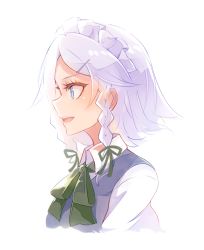 Rule 34 | 1girl, 60mai, blue eyes, braid, commentary request, from side, green ribbon, hair ornament, hair ribbon, hairclip, izayoi sakuya, maid headdress, neck ribbon, open mouth, profile, ribbon, short hair, silver hair, simple background, smile, solo, touhou, twin braids, upper body, white background, wing collar