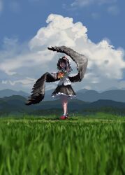Rule 34 | 1girl, absurdres, bird wings, black hair, black skirt, black wings, cloud, collared shirt, commentary, day, feathered wings, full body, grass, hand fan, hat, hauchiwa, highres, holding, holding fan, open mouth, outdoors, pom pom (clothes), red eyes, red footwear, red hat, shameimaru aya, shirt, shoes, short hair, short sleeves, skirt, socks, solo, standing, tokin hat, touhou, ushitsuchi, white shirt, white socks, wings