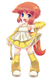 Rule 34 | 1girl, animal ears, apron, blue eyes, detached sleeves, dog ears, dog tail, dress, full body, inu1tou, open mouth, orange hair, original, simple background, solo, tail, white background
