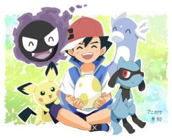 Rule 34 | 1boy, ash ketchum, baseball cap, black hair, blue footwear, blue vest, creatures (company), dratini, egg, closed eyes, game freak, gastly, gen 1 pokemon, gen 2 pokemon, gen 4 pokemon, hat, holding, holding egg, indian style, looking at viewer, multicolored background, nintendo, open mouth, pichu, pokemon, pokemon (anime), pokemon (creature), pokemon journeys, red headwear, riolu, shirt, shoes, short hair, short sleeves, shorts, sitting, smile, spiked hair, teeth, upper teeth only, vest, white shirt
