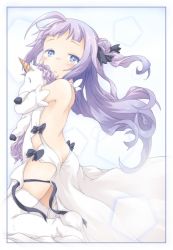 Rule 34 | 1girl, ahoge, azur lane, backless dress, backless outfit, bare back, bed sheet, butt crack, commentary request, dress, framed image, hair bun, ham (points), hugging doll, hugging object, kneeling, long hair, looking at viewer, one side up, parted lips, purple eyes, purple hair, side bun, simple background, single hair bun, single side bun, solo, stuffed animal, stuffed toy, stuffed winged unicorn, thighhighs, unicorn (azur lane), white background, white dress, white thighhighs, wind, zettai ryouiki