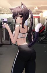 Rule 34 | 1girl, :3, absurdres, animal ear fluff, animal ears, arched back, ass, back, back cutout, bare arms, bare shoulders, black eyes, black hair, black pants, breasts, cat cutout, cat ears, cat girl, cat tail, clothing cutout, cowboy shot, crop top, from behind, gym, highres, long hair, looking at viewer, looking back, medium breasts, midriff, mirror, nannung, original, pants, pantylines, ponytail, selfie, sleeveless, smile, solo, spaghetti strap, sports bra, standing, tail, tail raised, yoga pants