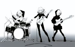 Rule 34 | &gt;:(, 3girls, alternate costume, arm warmers, asymmetrical sleeves, bass guitar, black footwear, black hoodie, black legwear, black pants, black shirt, blouse, blunt bangs, boots, bracelet, breasts, cable, crop top, drum, expressionless, full body, glasses, grin, guitar, hair over one eye, holding, holding instrument, hood, hood down, hood up, hoodie, instrument, jewelry, kazari jun, long hair, long sleeves, looking at viewer, magia record: mahou shoujo madoka magica gaiden, mahou shoujo madoka magica, medium hair, messy hair, midriff, miwa mitsune, monochrome, multiple girls, pants, pantyhose, shirt, shoes, short hair, sideboob, sitting, smile, standing, swept bangs, v-shaped eyebrows, yukino kanae, yumiao79