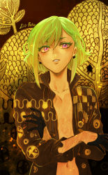 Rule 34 | 1boy, androgynous, bae (baebae), bare chest, black gloves, black jacket, blonde hair, crossed arms, duplicate, fine art parody, gloves, glowing, glowing hair, green hair, half gloves, highres, jacket, lio fotia, male focus, open clothes, open jacket, parody, pixel-perfect duplicate, promare, purple eyes, solo, tree