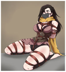 Rule 34 | 1girl, black hair, bound, breasts, brown eyes, fire emblem, fire emblem fates, gag, gagged, hair over one eye, highres, improvised gag, kagero (fire emblem), large breasts, nintendo, ryner-e, solo, tape, tape gag, tied up, torn clothes