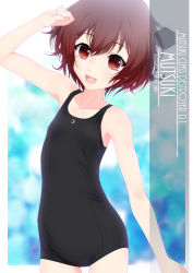 Rule 34 | 1girl, artist name, black one-piece swimsuit, brown hair, character name, collarbone, commentary request, cowboy shot, crescent, crescent moon symbol, flat chest, gradient hair, hair between eyes, highres, inaba shiki, kantai collection, looking at viewer, multicolored hair, mutsuki (kancolle), new school swimsuit, one-hour drawing challenge, one-piece swimsuit, red hair, school swimsuit, short hair, smil3, smile, solo, standing, swimsuit