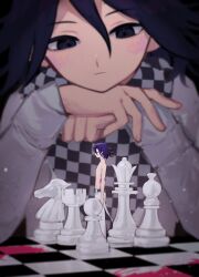 Rule 34 | 2boys, black eyes, black hair, blush, checkered clothes, checkered scarf, chess piece, closed mouth, danganronpa (series), danganronpa v3: killing harmony, dual persona, from side, frown, grey jacket, hair between eyes, hands up, highres, jacket, liang cun rakuna, looking at another, medium hair, mini person, miniboy, multiple boys, multiple views, oma kokichi, own hands together, scarf, standing, topless